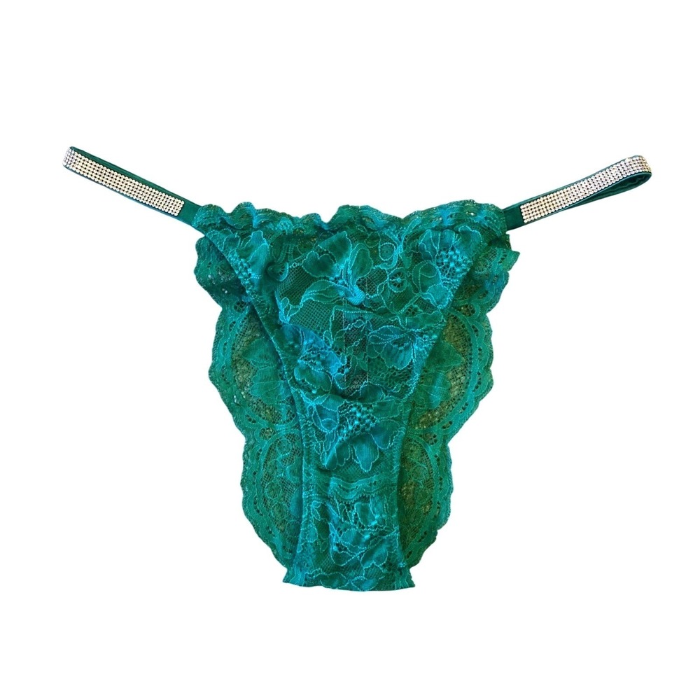Vtg Victoria's Secret Angel Very Sexy Green Lace Brazilian Panty Rhinestone